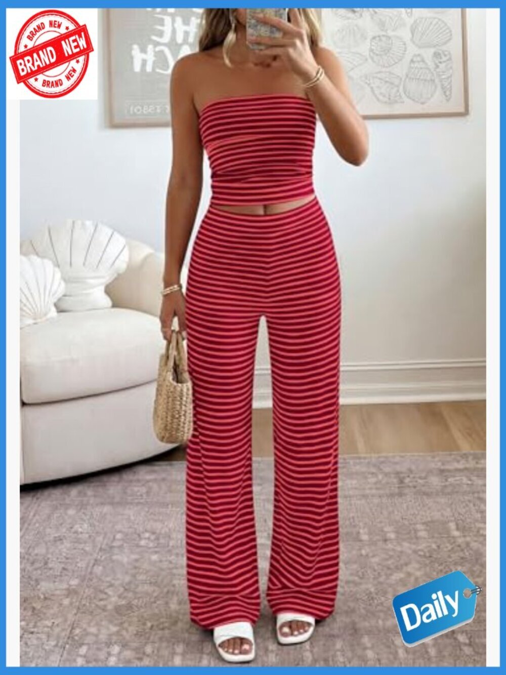 Two Piece Stripe Tube Top & Wide Leg Pants Set Summer Travel Outfit - Picture 5 of 7